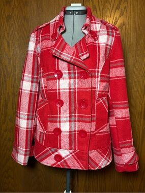Dollhouse women’s Red and White Plaid Coat - large.